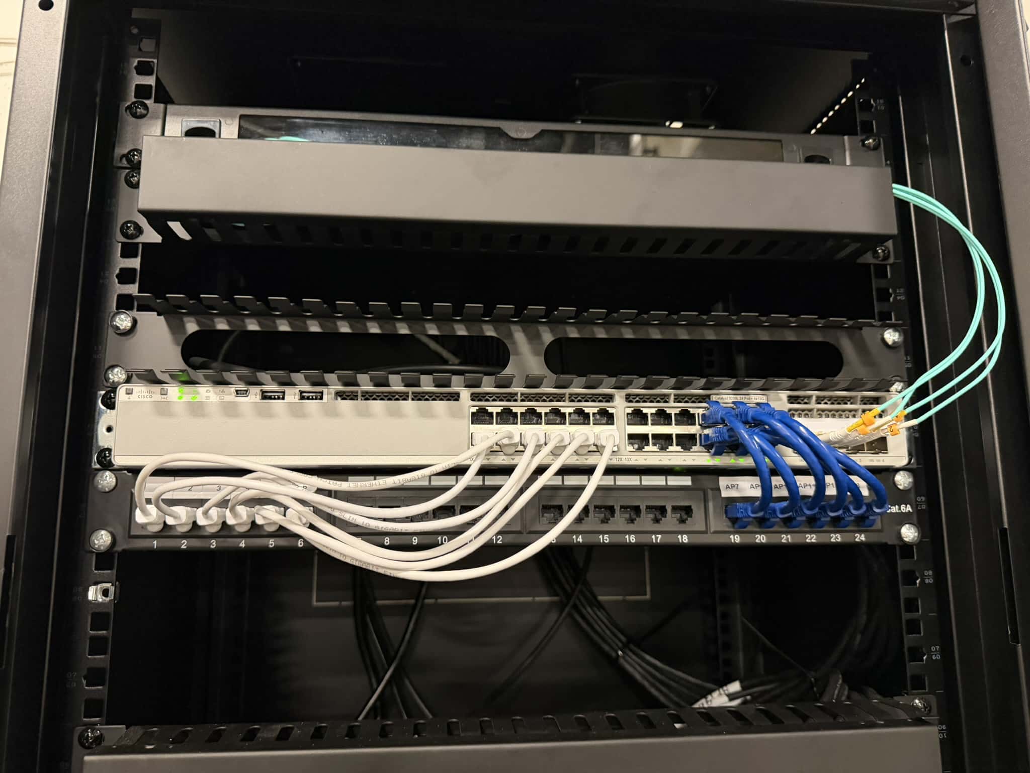 Network rack with a Cisco switch, patch panel and connected fiber and Ethernet cables